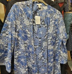 Blue and White Floral Lace Cardigan